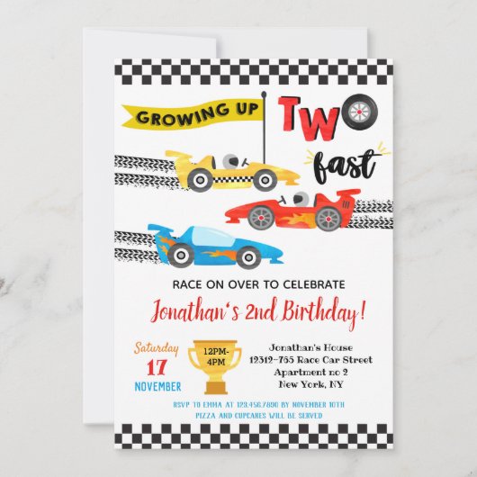 Race Car Two Fast 2nd Birthday Party Uitnodigingen (Voorkant)
