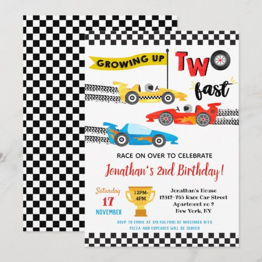 Race Car Two Fast 2nd Birthday Party Uitnodigingen (Voorkant / Achterkant)