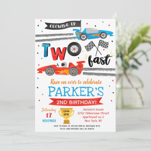 Race Car Two Fast 2nd Birthday Party Uitnodigingen (Staand voorkant)