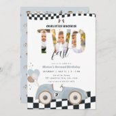 Race Car Two Fast Second Birthday Invite w/ Photo Kaart (Voorkant / Achterkant)