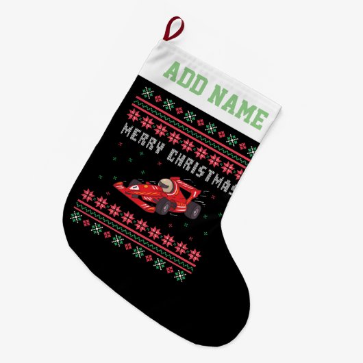 Race Car Ugly KerstSweater Grote Kerstsok (Voorkant (Hangend))