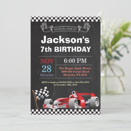 Race Car Verjaardag Uitnodiging. Verjaardagsfeestj Kaart (Staand voorkant)