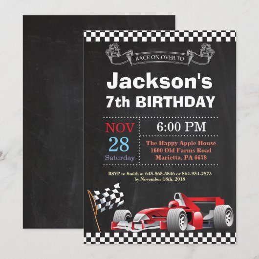 Race Car Verjaardag Uitnodiging. Verjaardagsfeestj Kaart (Voorkant / Achterkant)