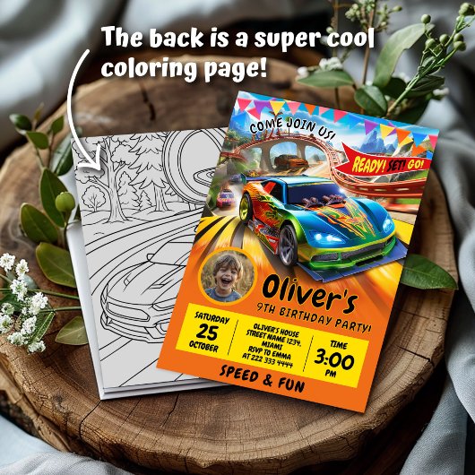 Race Car Verjaardag vieren met foto Feestdagenkaart