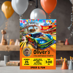 Race Car Verjaardag vieren met foto Feestdagenkaart