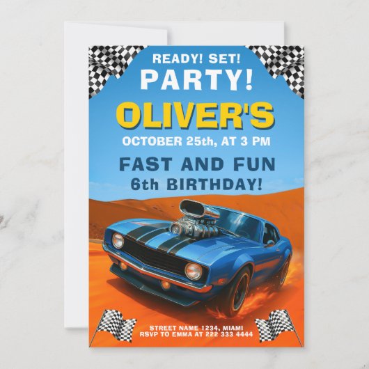 Race Car Verjaardagsfeest met Blue Hot Rod Kaart (Voorkant)