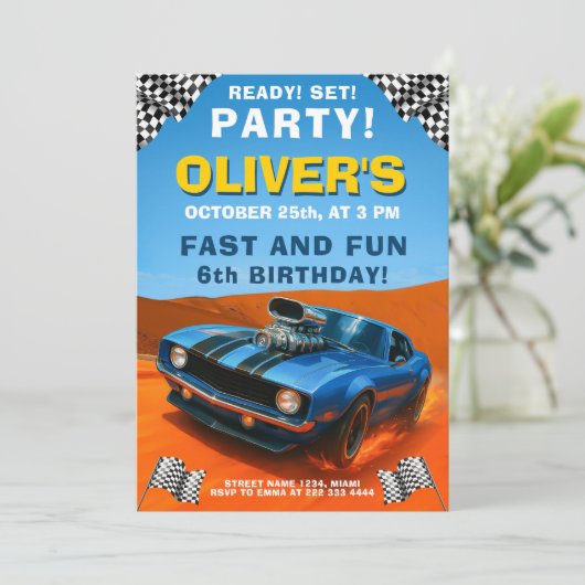 Race Car Verjaardagsfeest met Blue Hot Rod Kaart (Staand voorkant)