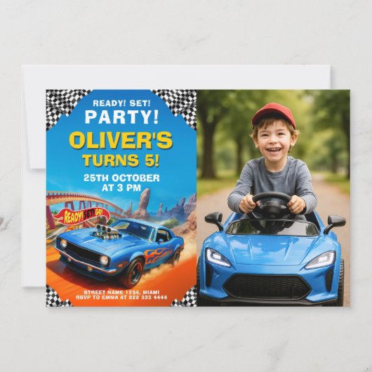 Race Car Verjaardagsfeest met foto Kaart (Voorkant)