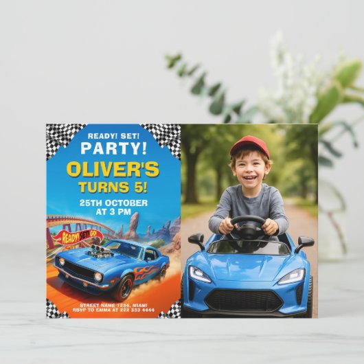 Race Car Verjaardagsfeest met foto Kaart (Staand voorkant)