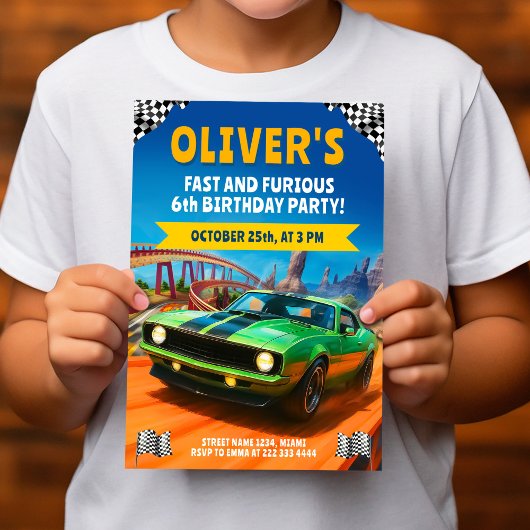 Race Car Verjaardagsfeestje met Groene Spier Auto Kaart