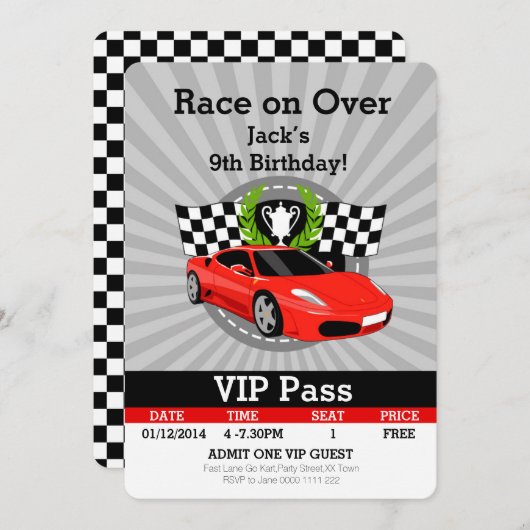 Race Car VIP Pass Verjaardagsuitnodiging! Kaart (Voorkant / Achterkant)