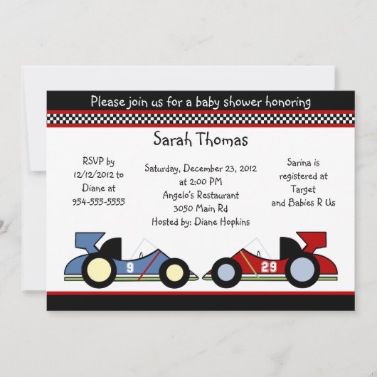 Race Cars Baby shower/BirthdayInvitations Kaart (Voorkant)