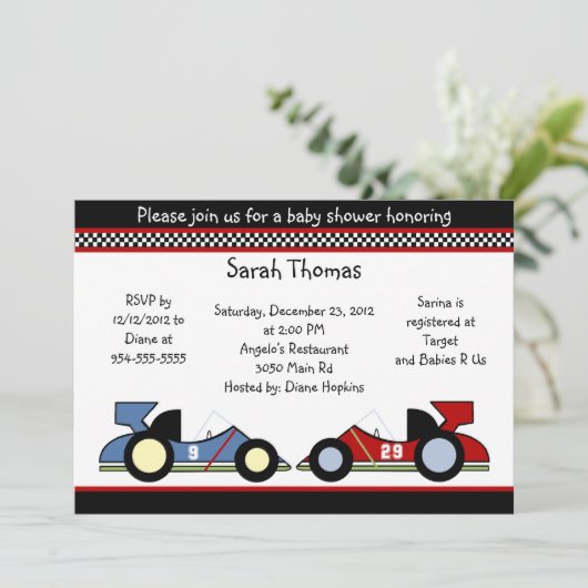 Race Cars Baby shower/BirthdayInvitations Kaart (Staand voorkant)