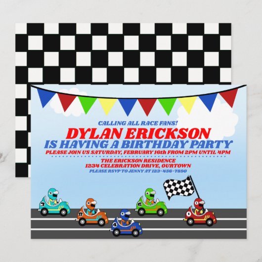 Race Cars Birthday Party Invitation Kaart (Voorkant / Achterkant)
