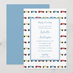 Race Cars Classic Blue Boy Baby shower Kaart