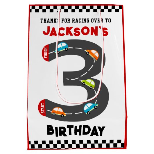 Race Cars Derde verjaardag Kinder partij Medium Cadeauzakje (Achterkant)