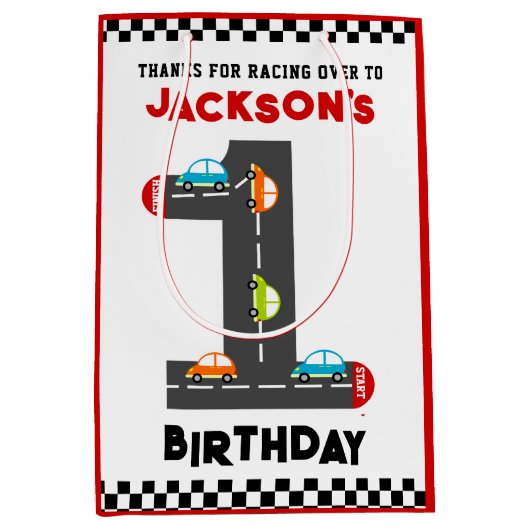 Race Cars First Birthday Kinder Party Medium Cadeauzakje (Voorkant)