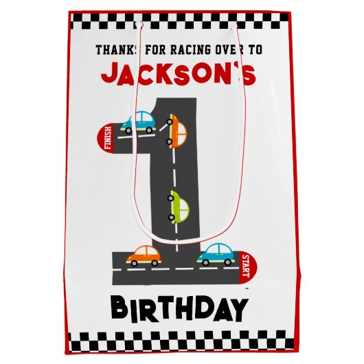 Race Cars First Birthday Kinder Party Medium Cadeauzakje (Achterkant)