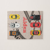 Race Cars met bandenmerken, gepersonaliseerd Legpuzzel (Horizontaal)