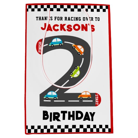 Race Cars Second Birthday Kinder Party Medium Cadeauzakje (Voorkant)