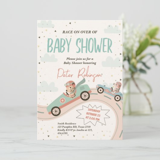 Race Fast Car Baby shower Invitation Kaart (Staand voorkant)