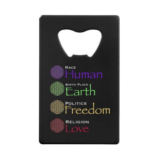 Race: Menselijke geboorteplaats: Grondpolitiek: vr Creditkaart Flessenopener (Voorkant)