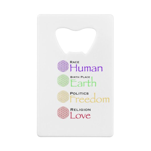 Race: Menselijke geboorteplaats: Grondpolitiek: vr Creditkaart Flessenopener (Achterkant)