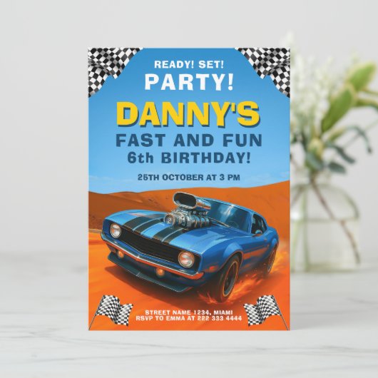 Race Muscle Car Kids Verjaardagsfeest Kaart (Staand voorkant)