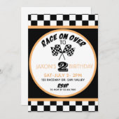 Race on over, Racing Birthday Invitation, Racing Kaart (Voorkant / Achterkant)