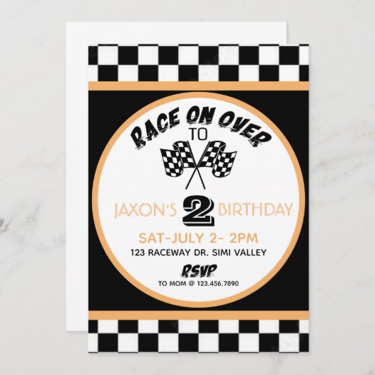 Race on over, Racing Birthday Invitation, Racing Kaart (Voorkant / Achterkant)