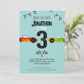 Race op meer dan 3e verjaardag raceauto party kaart (Staand voorkant)