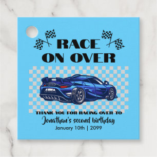Race op over moderne blauwe sportwagen elke leefti bedankjes labels