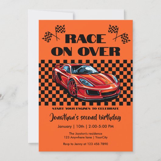 Race op over moderne rode sportwagen elke leeftijd kaart (Voorkant)