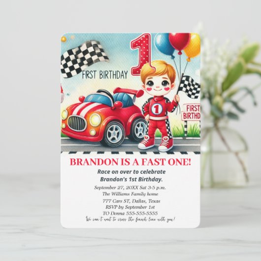 Race op Over Red Car 1st Birthday Boy Kinder Kaart (Staand voorkant)