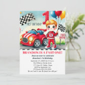 Race op Over Red Car 1st Birthday Boy Kinder Kaart (Staand voorkant)