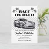 Race op Over Silver Moderne Race Auto Elke leeftij Kaart (Staand voorkant)