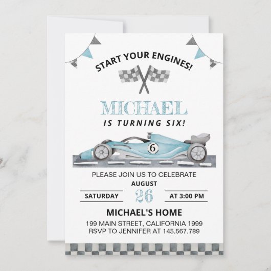 Race op Over Verjaardag Uitnodiging Racing Auto (Voorkant)