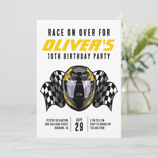 Race over Racing Helmet Birthday Party Kaart (Staand voorkant)