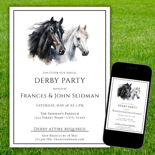 Race Paard Derby Party Eenvoudig Elegant Zwart Wit Kaart