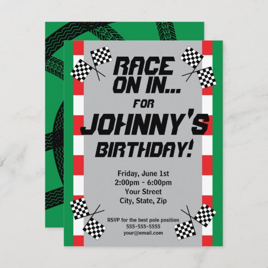 Race Track Birthday Invitation, Bire Tracks Racing Kaart (Voorkant / Achterkant)