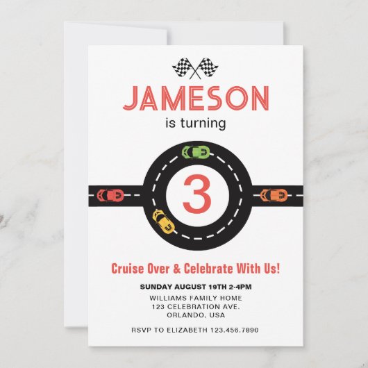 Race Track Boys 3e verjaardag rode uitnodiging (Voorkant)