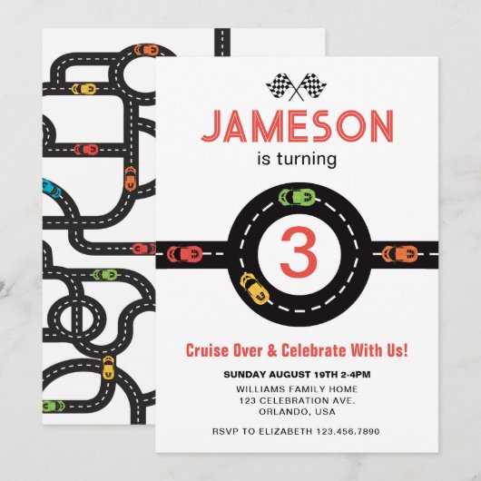 Race Track Boys 3e verjaardag rode uitnodiging (Voorkant / Achterkant)