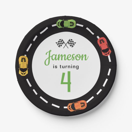 Race Track Boys 4th Birthday White Paper Borden Papieren Bordje (Voorkant)