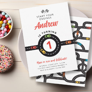 Race Track Cars Jongens 1e verjaardag Uitnodiging