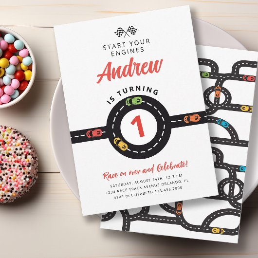Race Track Cars Jongens 1e verjaardag Uitnodiging