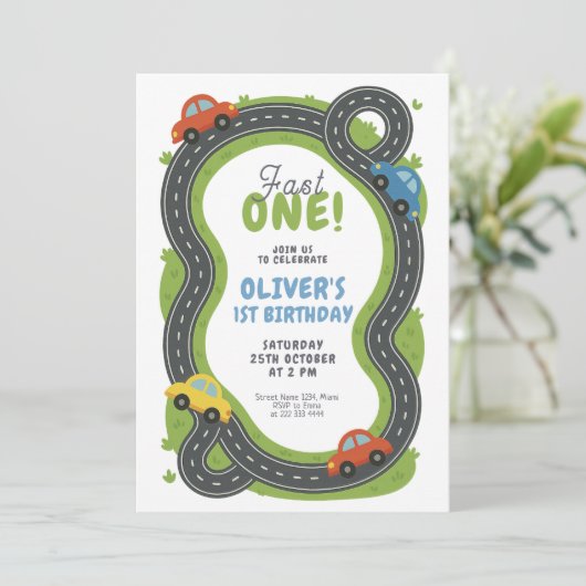 Race Track First Birthday Kaart (Staand voorkant)