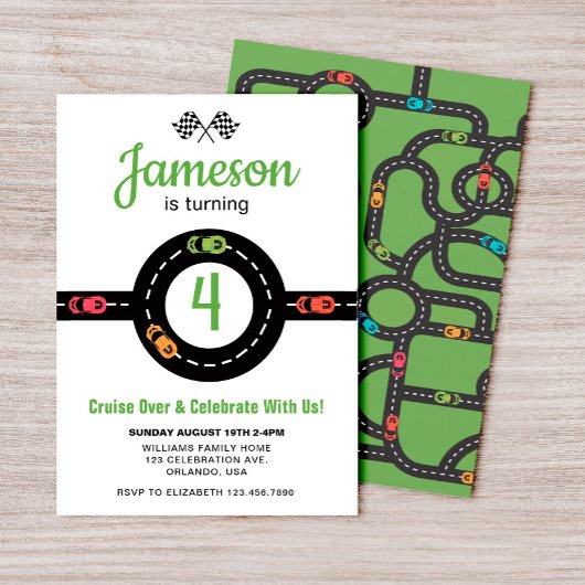Race Track Jongens 4e Verjaardag Wit Kaart
