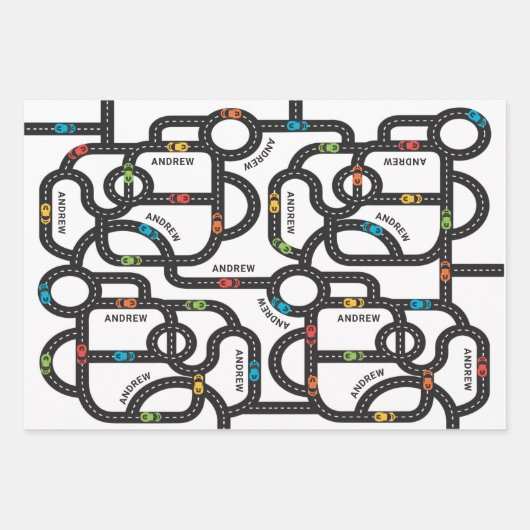 Race Track Jongens Verjaardag Wit Wrapping Papier Inpakpapier Vel (Voorkant)