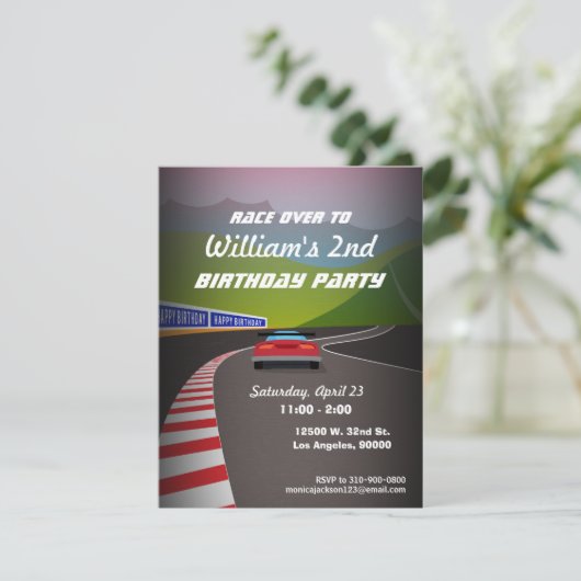 Race Track Race Auto Kids Birthday Party nodiging Kaart (Staand voorkant)