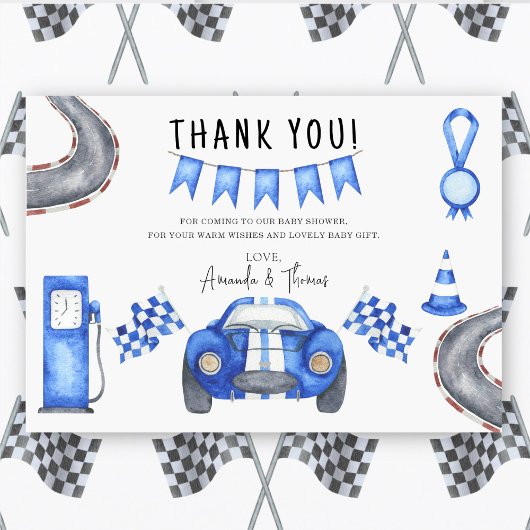 Raceauto baby shower - dank je bedankkaart